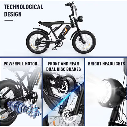 750W Electric Mountain E-Bike for Adults, 20-In Fat Tire, 7-Speed, Removable Battery, IP54 Waterproof, Black