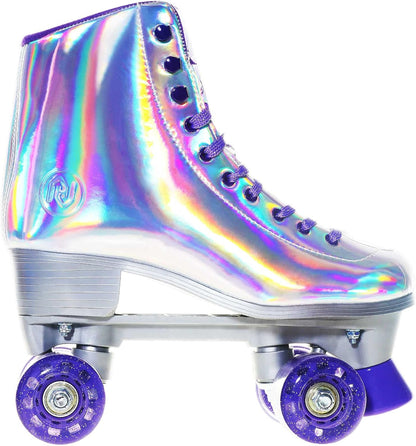 Roller Skates for Women, Holographic High Top PU Leather Rollerskates, Shiny Double-Row Four Wheels Quad Skates for Girls and Age 8-50 Indoor Outdoor (Silver Purple)