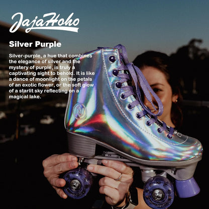 Roller Skates for Women, Holographic High Top PU Leather Rollerskates, Shiny Double-Row Four Wheels Quad Skates for Girls and Age 8-50 Indoor Outdoor (Silver Purple)