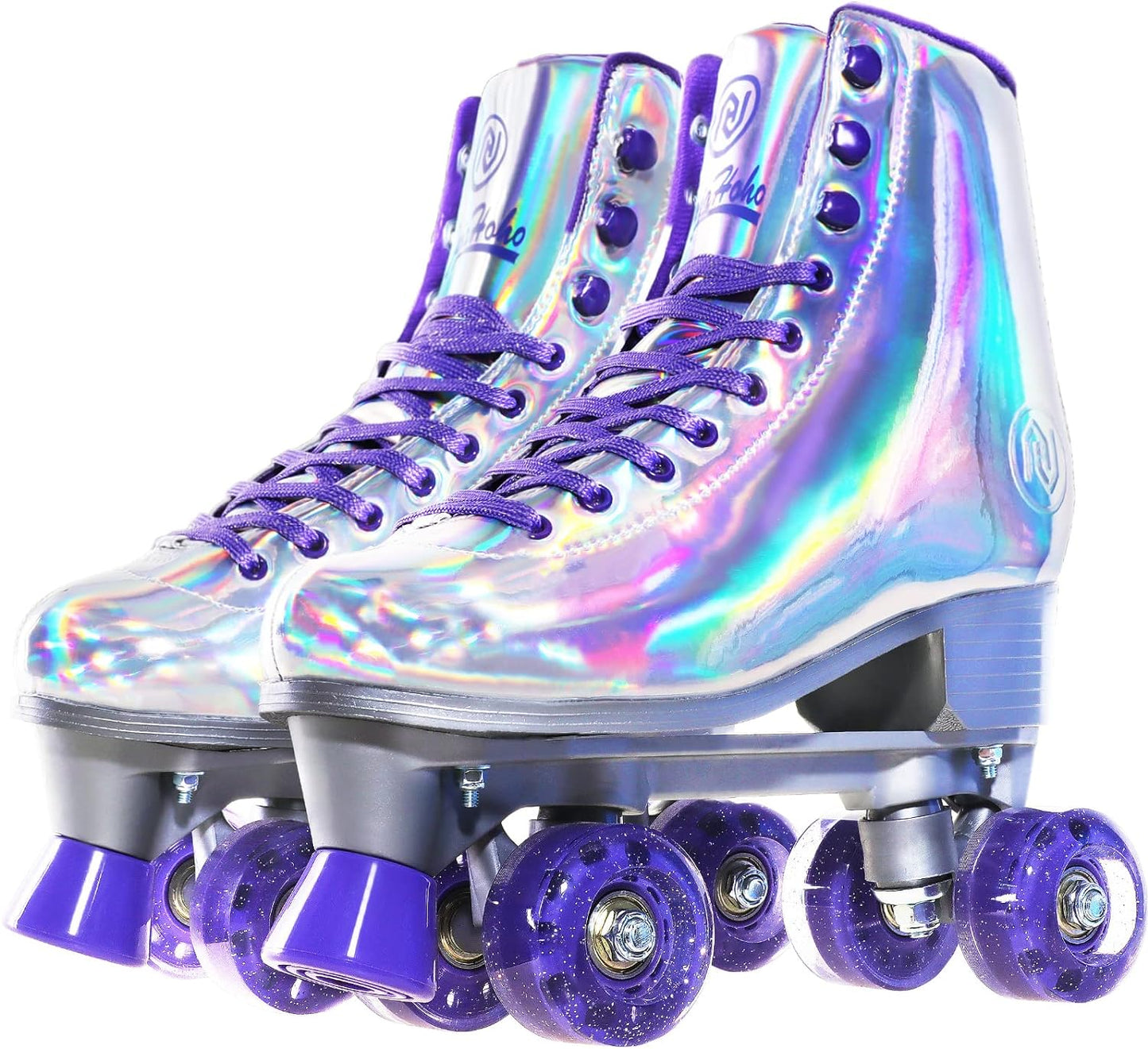 Roller Skates for Women, Holographic High Top PU Leather Rollerskates, Shiny Double-Row Four Wheels Quad Skates for Girls and Age 8-50 Indoor Outdoor (Silver Purple)