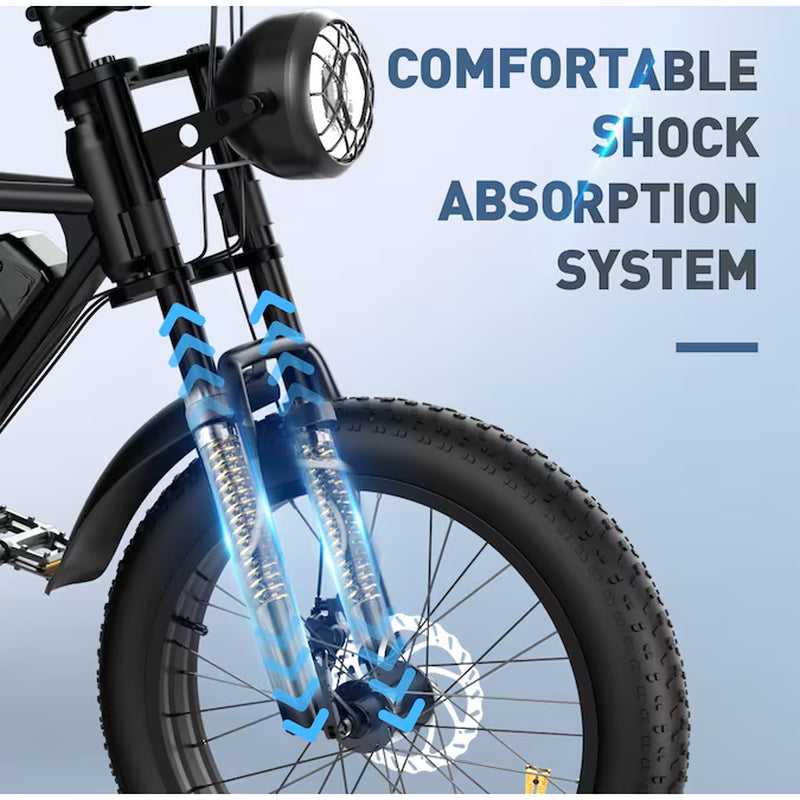 750W Electric Mountain E-Bike for Adults, 20-In Fat Tire, 7-Speed, Removable Battery, IP54 Waterproof, Black