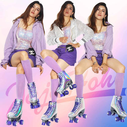 Roller Skates for Women, Holographic High Top PU Leather Rollerskates, Shiny Double-Row Four Wheels Quad Skates for Girls and Age 8-50 Indoor Outdoor (Silver Purple)