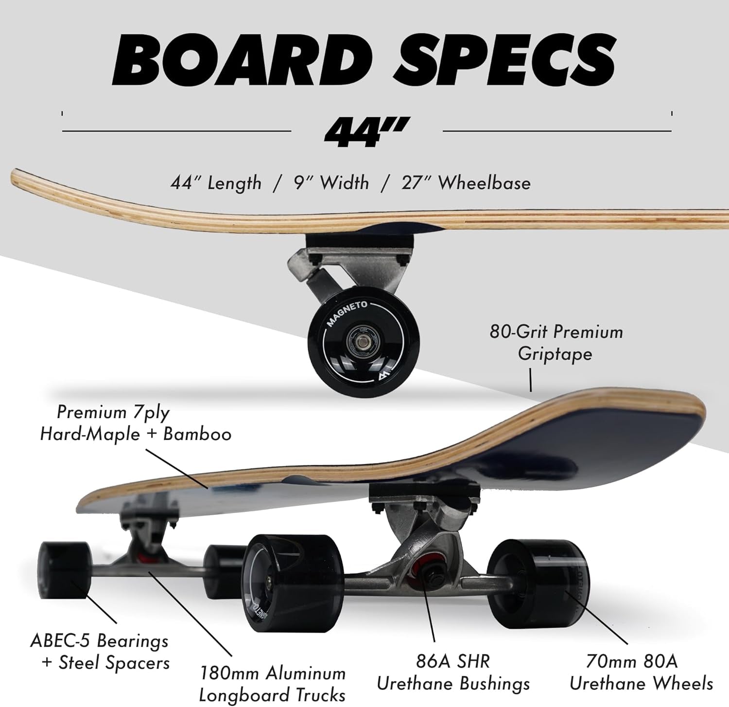 Magneto 40+ inch Kicktail Cruiser Longboard Skateboard