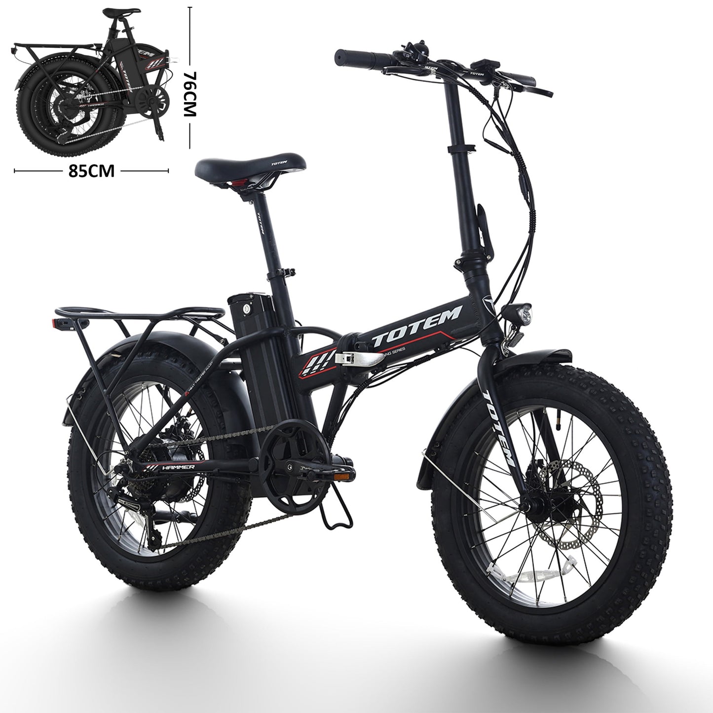 Hammer Electric Bike for Adults, 20” X 4” Fat Tire Folding Ebike, 500W (Peak 750W) Powerful Motor Electric Folding Bike, 48V 10.4Ah Removable Battery, Shimano 7-SPEED Gears, Black