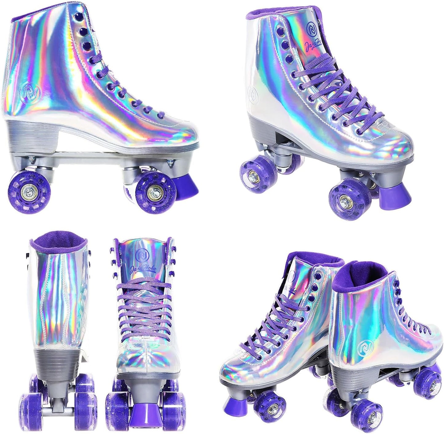 Roller Skates for Women, Holographic High Top PU Leather Rollerskates, Shiny Double-Row Four Wheels Quad Skates for Girls and Age 8-50 Indoor Outdoor (Silver Purple)